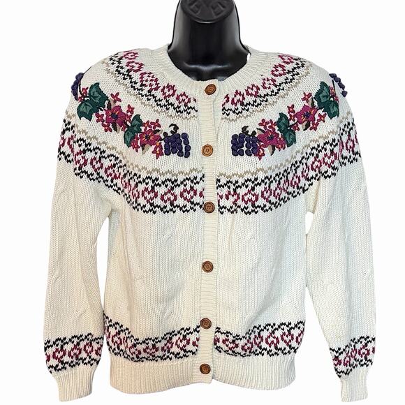 VTG 80s 90s CARDIGAN FLORAL & GRAPE COTTAGE CORE GRANDMA NORTHERN REFLECTIONS S - Picture 1 of 6